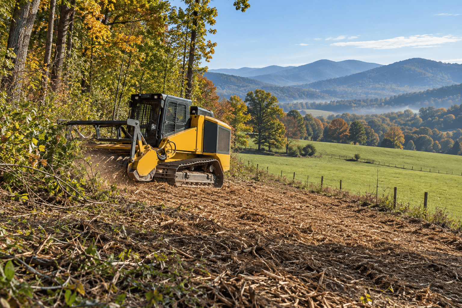 Illustration of forestry mulching along a rural field edge with Virginia foothills beyond