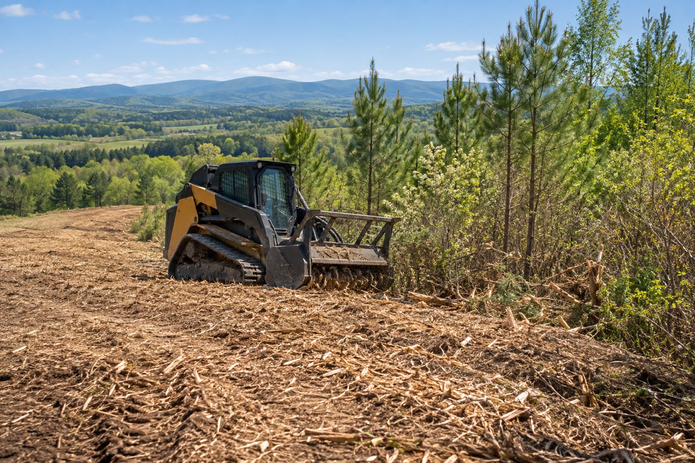 Illustration of forestry mulching, rural brush reclamation, or woodland access