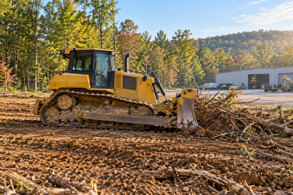 AI illustration of a tracked dozer clearing brush beside an equipment yard