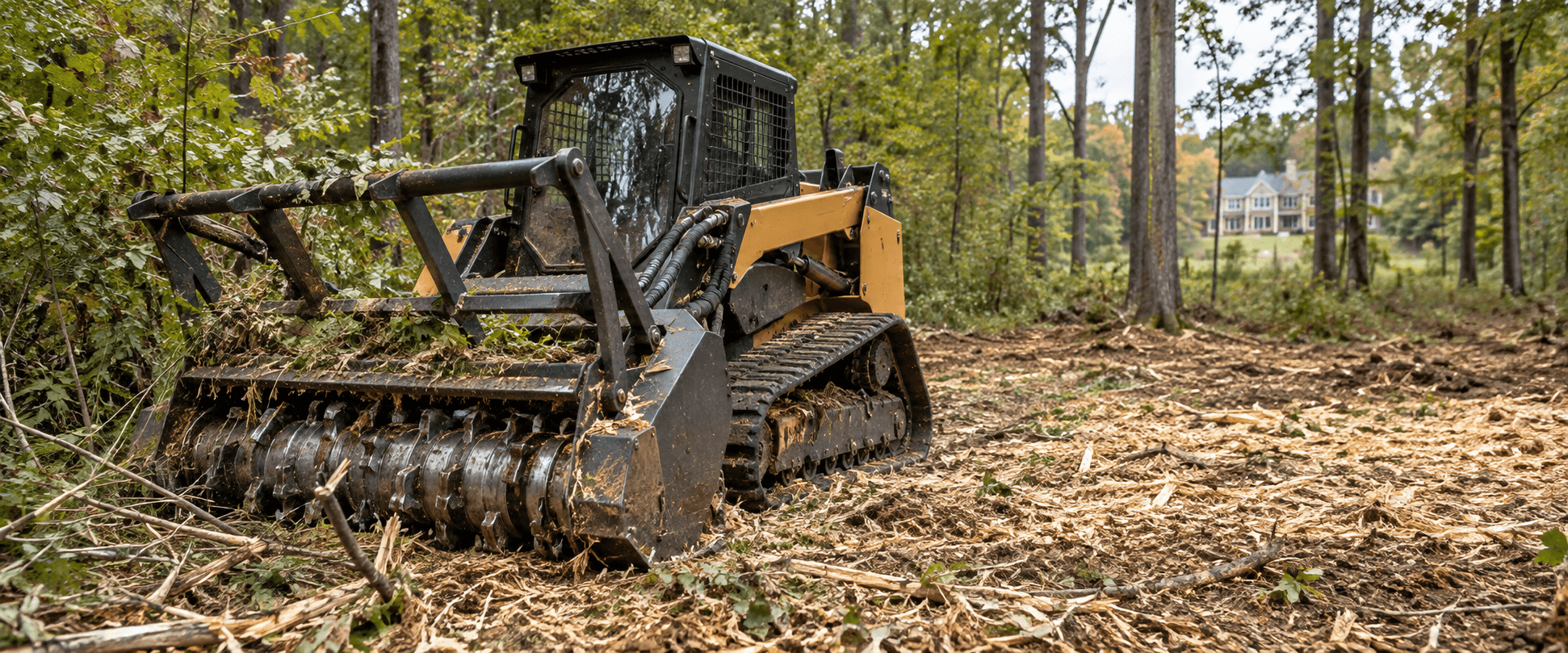 Illustration of a forestry mulcher opening wooded residential ground while retaining mature trees