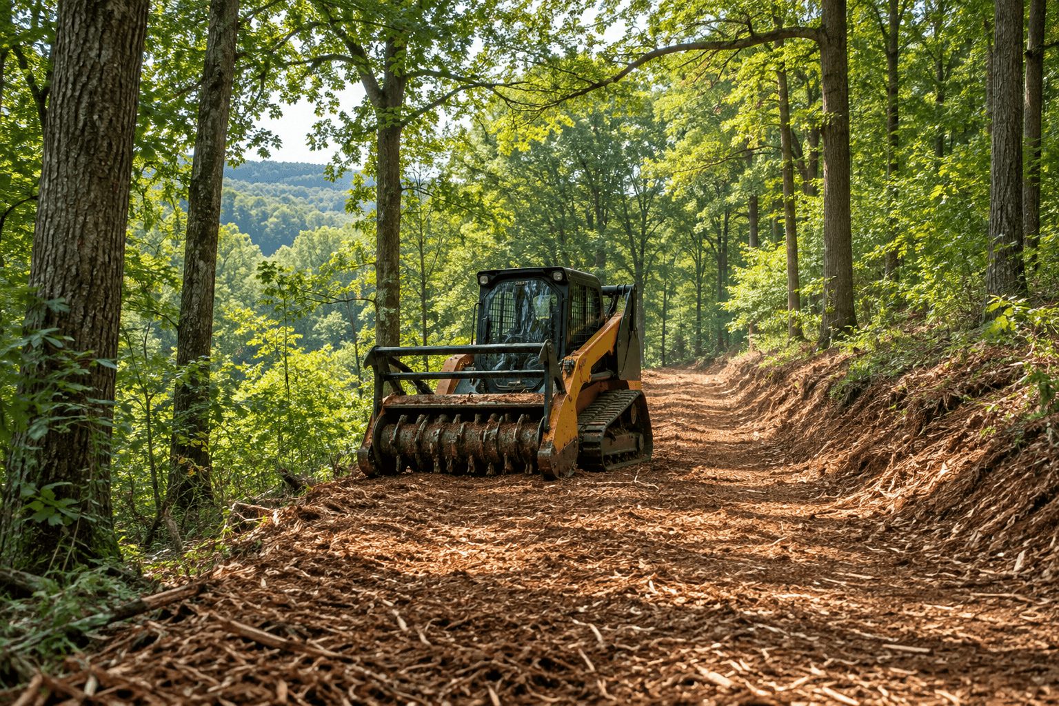 Illustration of a mulched access lane through retained Virginia woodland trees