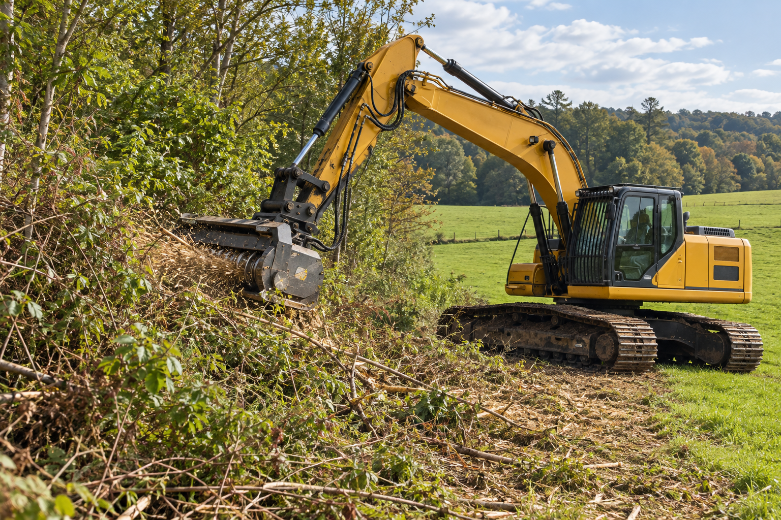 AI illustration of an excavator forestry mulcher cutting briars along a pasture edge