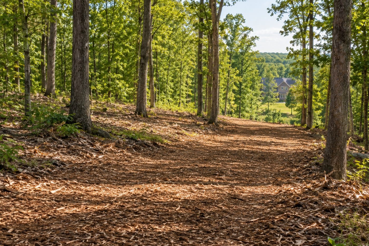 Illustration of selectively mulched woodland with a path and retained mature trees