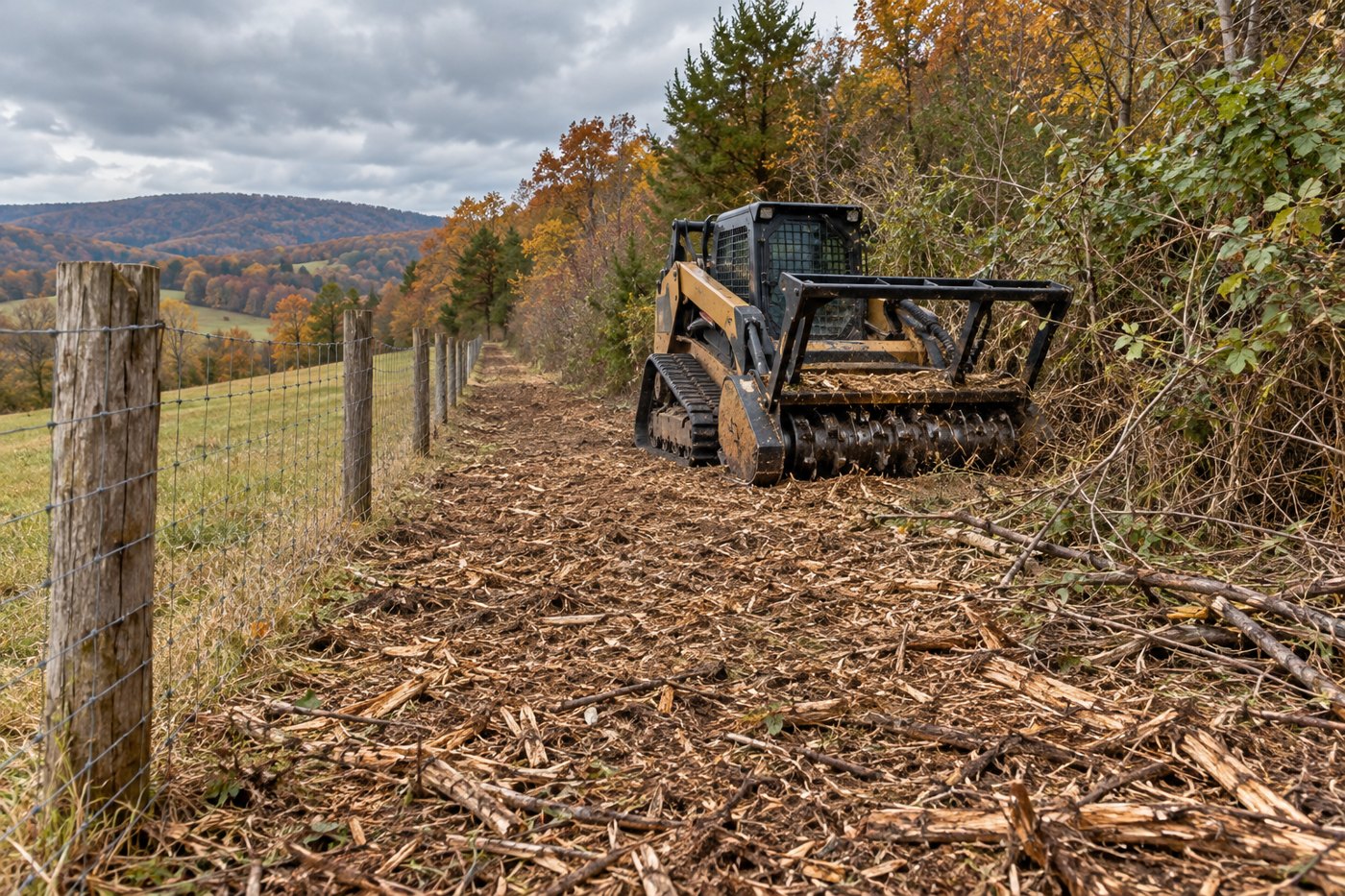 Illustration of rural forestry mulching or reclaimed woodland access