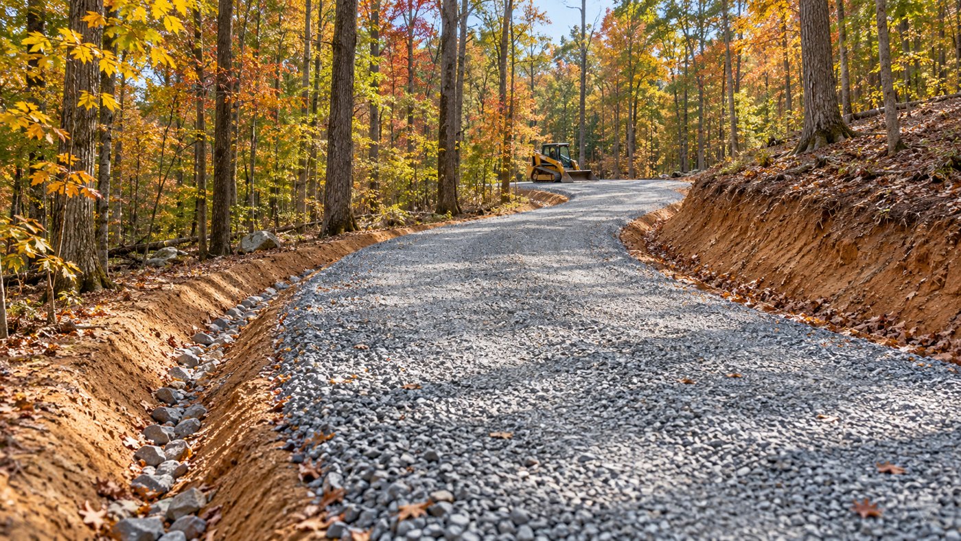 Illustration of a gravel driveway through Virginia woodland