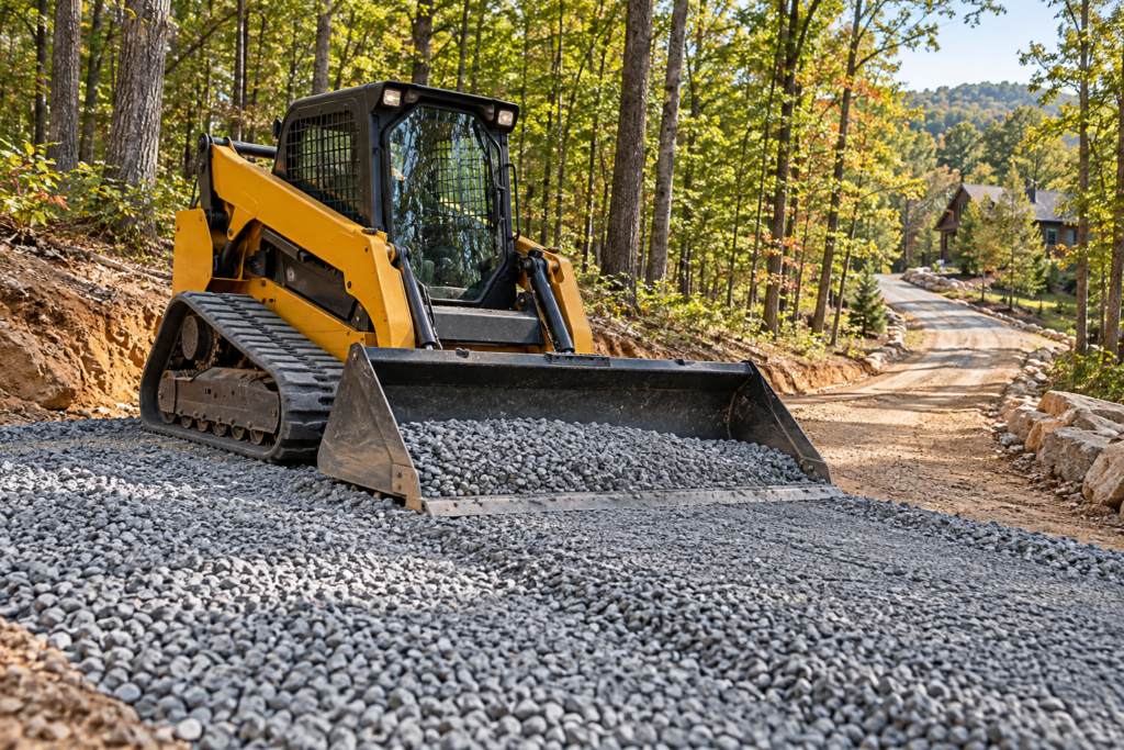 AI illustration of a tracked loader spreading crushed stone on a rural driveway