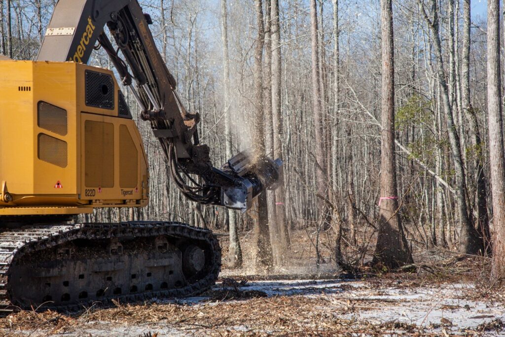 Tigercat tracked forestry carrier using a tilting Denis Cimaf mulcher attachment