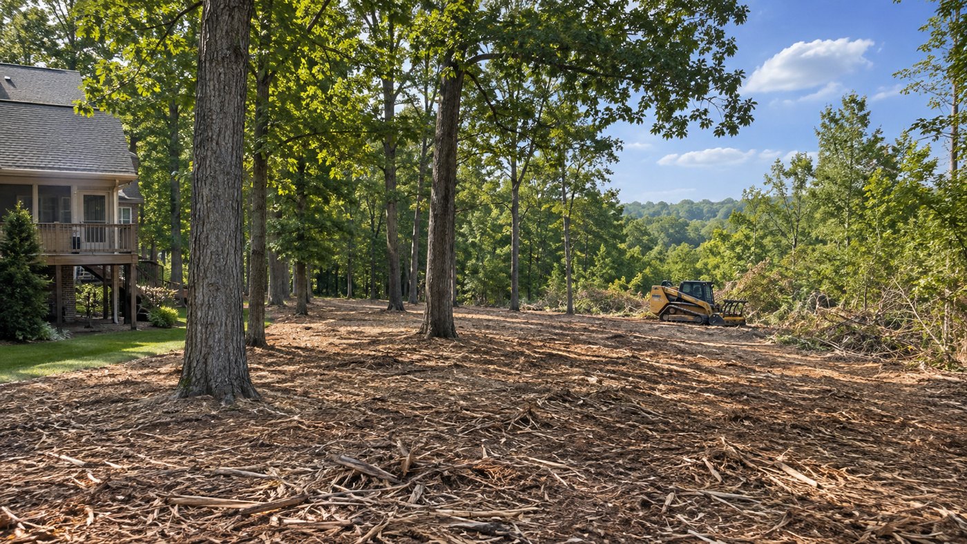 Illustration of rural forestry mulching or reclaimed woodland access