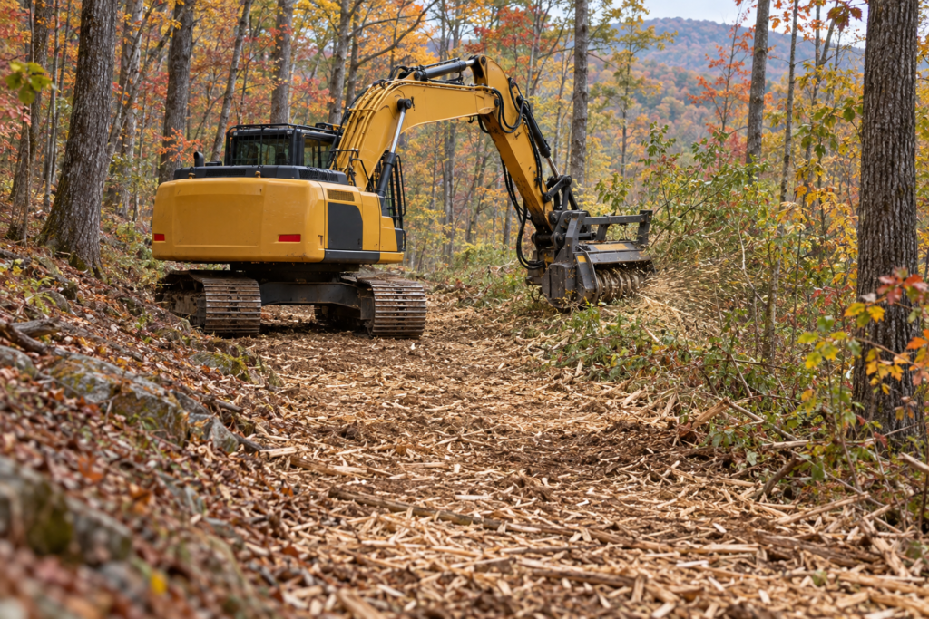 AI illustration of an excavator drum mulcher opening a woodland trail