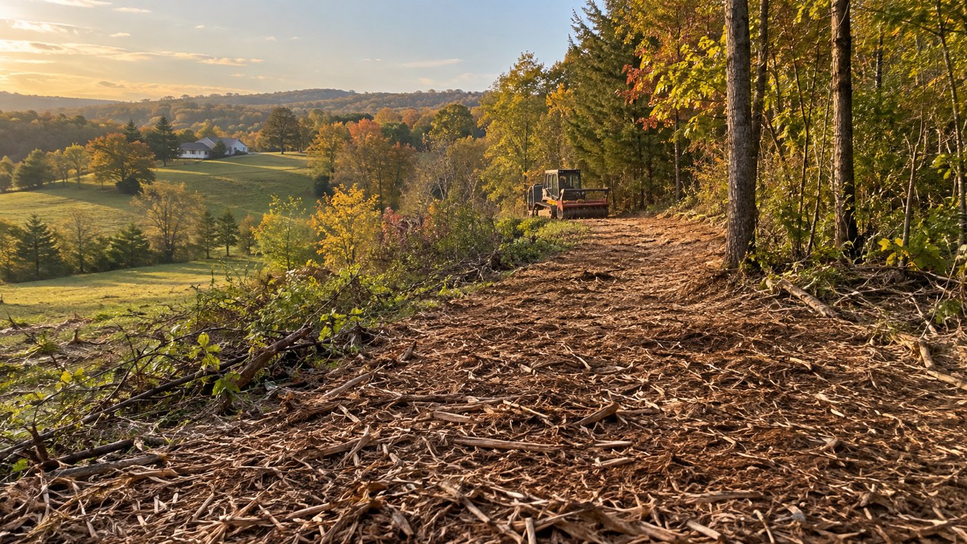 Illustration of rural forestry mulching or reclaimed woodland access